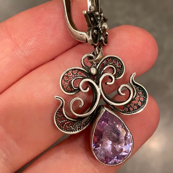 Filigree earrings 925 silver with purple stone - Picture 8 of 14